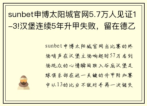 sunbet申博太阳城官网5.7万人见证1-3!汉堡连续5年升甲失败，留在德乙后，球员未落泪
